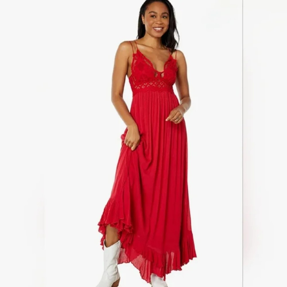 Free People NWT Adella Maxi Slip Dress Sleeveless Boho Crochet Lace Red Lrg New